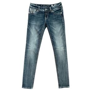 Miss Me Y2K Skinny Embellished Medium Wash Saddle Stitch Low Rise Jeans‎ Size 27